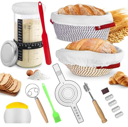 Kit Banneton pour Pain 14 Pièces, 2 Paniers Fermentation En Rotin Naturel avec Doublure Tissu, Lame à Pain, Grattoir, Pinceau, Pot à Levain et Outils De Marquage, Accessoires Boulangerie Artisanale