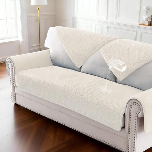 BellaHills Waterproof Sofa Cover 1 2 3 Seater Washable Non-Slip Seat Cushion Covers Flannel Couch Covers for Sectional Sofa, Sofa Slipcovers L Shaped Furniture Protector, 90x180 cm, Beige
