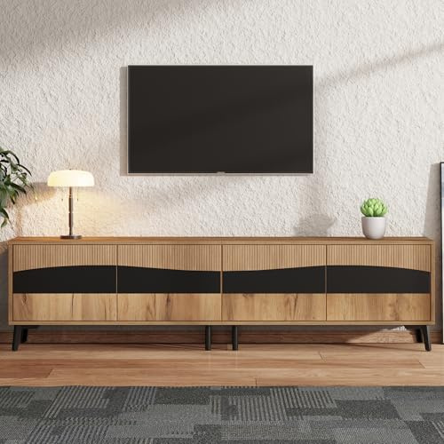 FammyLoft 180cm TV Lowboard mit 4 Schränken, TV Schrank für 75-Zoll-Fernseher, Fernseher Schrank mit 8 Stützbeinen für Wohnzimmer, TV-Board, TV-Ständer, Holzfarbe + Schwarz