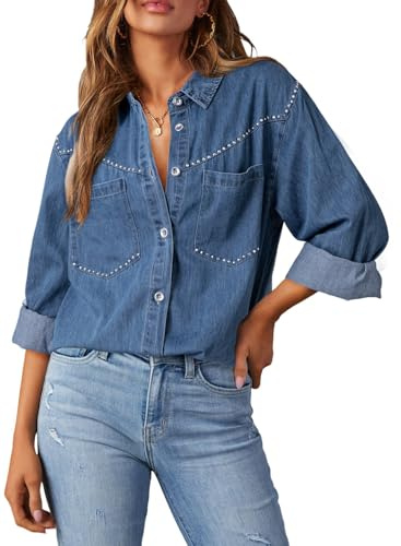 Dokotoo Western Shirts for Women V Neck Button Up Chambray Shirts Cowgirl Long Sleeve Denim Shirt Women Rhinestone Top Country Concert Outfits Western Shirt Denim Tops Blouses Fashion Wear Sky Blue L