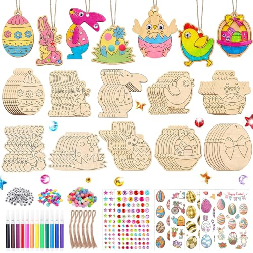 309 Pezzi Artigianato in Legno di Pasqua, Pendente Pasquale in Legno, Decorazioni Pasquali in Legno da Appendere Non Finiti con Stringhe, Artigianato Pasquale Fai Da Te per Bambini
