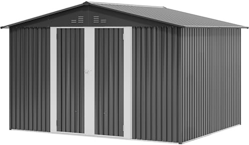 YITAHOME Stahl Gartengerätehaus 10x8FT Robustes Metall Gartenhaus, Wasserdichtes Gerätehaus & Fahrradschuppen mit Doppeltüren & 4 Lüftungen zur Aufbewahrung, 279x224.5x193.5cm, Dunkelgrau-Weiß