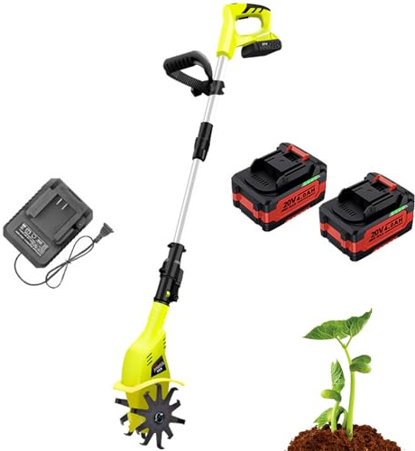 Motoazada Eléctrica Inalámbrica 20V, Cultivador de Jardín con 2 Baterías de 4,0Ah, Ancho de Trabajo 10,5 cm y Profundidad 20 cm, 250 RPM para Huertos y Jardines Pequeños