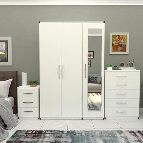 Fully Assembled Furniture Set, 3 Door Mirrored Wardrobe 116cm, Chest of Drawers 73cm, Bedside Table 62cm, White (White)