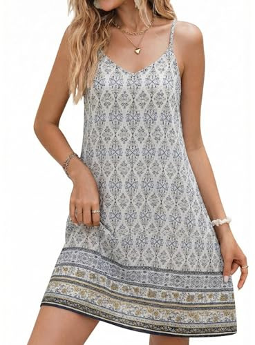 Zeagoo Vestido Boho Mujer Vestido de Tirantes Escote en V Vestido de Playa Bohemio Vestido de Verano Estampado Floral Vestido Midi Casual Minivestido Sin Mangas Vestido de Ocio