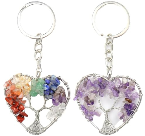 Portachiavi con albero della vita, 7 cristalli chakra, per guarigione Reiki, regalo per donne, amici, amicizia, uomini e ragazze