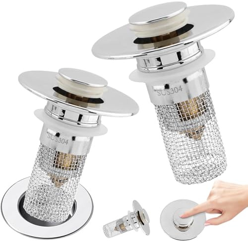 HUZNA 2 Pezzi Tappo Lavandino Bagno Universale, Filtro Scarico Pop-Up in Acciaio Inox 304 con Nucleo in Rame, Tappo Lavabo Anti-Intasamento e Anti-Odore per Bidet e Cucina