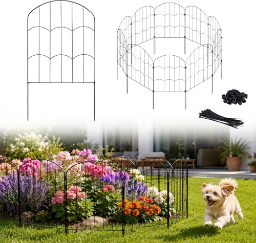 Decorative Garden Fence,Total 10ft(L) x 24in(H) Garden Fencing Animal Barrier for Rabbits and Dogs, 10PCS Rustproof Metal Fence Panels, Black No Dig Arch Fences and Borders for Flower Bed, Patio