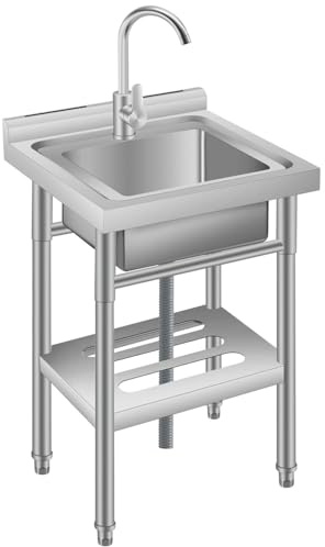 GarveeLife Freistehend Edelstahl Multifunktionswaschtisch, 45x35x79 cm | Freistehend mit Einzelbecken und Bodenplatte, große Arbeitsfläche für Waschküche, Garage und Hauswirtschaftsraum