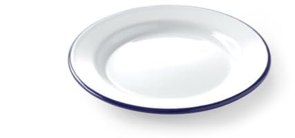 HENDI Assiette en acier émaillé blanc, avec bord bleu, récipient, plat rond, assiette plate, ø200x(H) 15mm