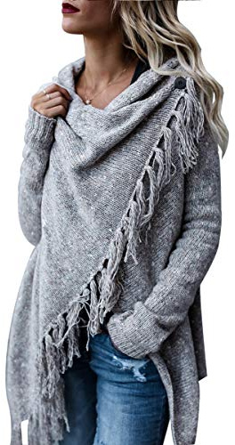 CEASIKERY Damen-Poncho mit Fransen, Pullover, Lange Strickjacke, Strickpullover, Mantel, hellgrau, X-Groß