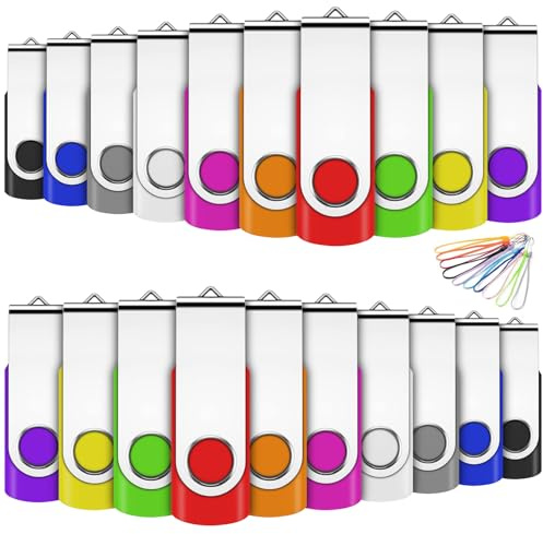 Cle USB 1 Go, EASTBULL Clé USB 2.0 Flash Drive Clef USB Pivotant Stockage Disque Mémoire Stick Pendrive avec 20 Cordes (10 Couleurs 1GB*20PCS) | Plug-and-Play