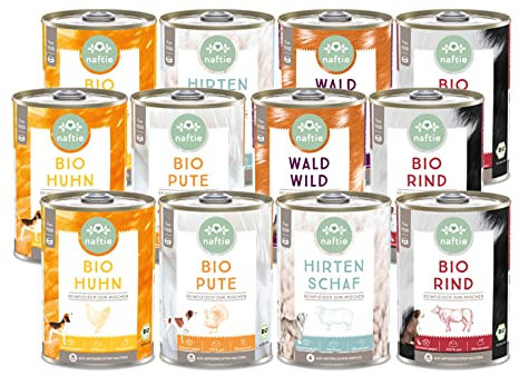 naftie Bio Hundefutter Reinfleischdosen Mischpakete - 100% Reinfleisch pur Spar-Pakete - Nassfutter zum Mischen - glutenfrei, getreidefrei - 12x 400g