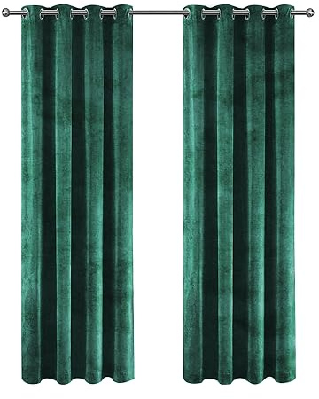 Aspire Homeware Emerald Green Eyelet Curtains 46x54 (2 Panels) with Tie Backs - Fully Lined Velvet Curtains for Bedroom, Window Curtain for Living Room (116cm x 137cm)