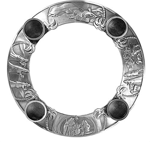 Metal Advent Candle Ring Wreath with Nativity Scene Decorations, Silver Tone, 7 Inch