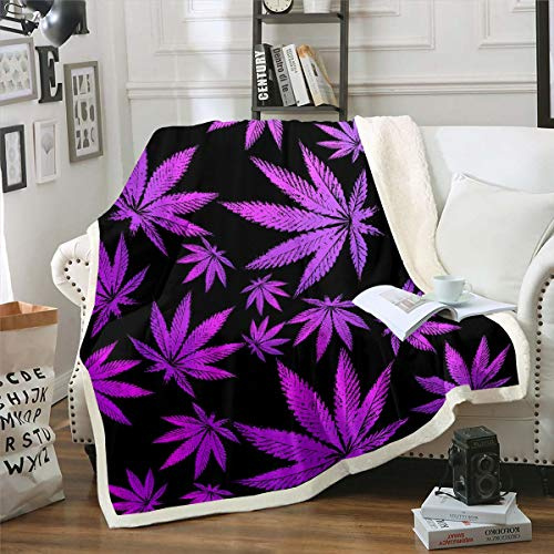Marijuana Leaf Sherpa Blanket Weed Leaf Botanical Fleece Throw Blanket for Kids Men Women Adults Cannabis Leaves Plush Blanket Luxury Puple Hemp Fuzzy Blanket for Sofa Bed Couch,Single 50x60 Inch