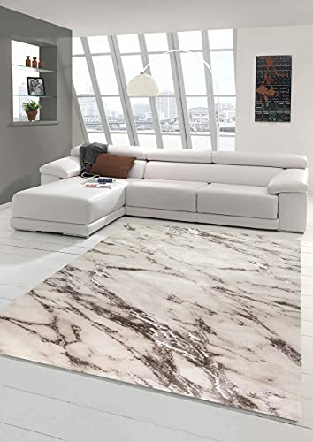 Teppich-Traum Kurzflor Teppich Marmor Creme Beige 80x150 cm | Pflegeleicht, schmutzabweisend, strapazierfähig, allergikerfreundlich, seitlich gekettelt, OEKO-TEX geprüft, 12 mm Flor