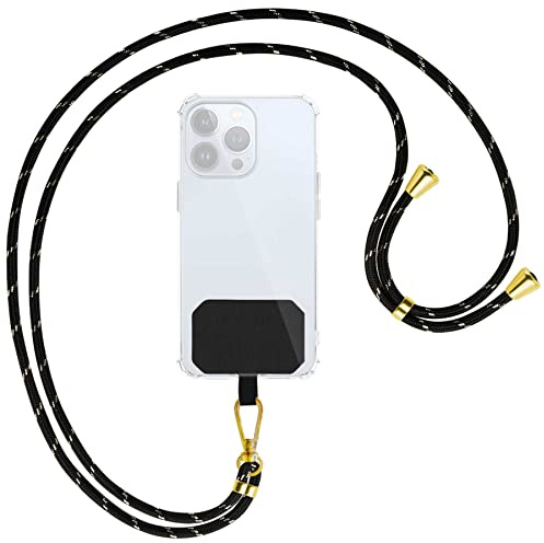 mtb more energy® Universal Handykette - Schwarz+Goldfarben gestreift - Metallteile Farbe Gold - kompatibel mit vielen Handyhüllen - Band Seil Kordel zum Umhängen
