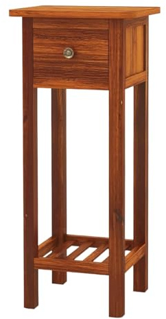 Giantex Tall End Table, Narrow Side Table with Drawer and Shelf, Acacia Wood Nightstand for Living Room, 2-Tier Bedside Table for Small Space, No Assembly, Rustic Brown