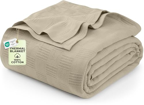 Utopia Bedding 100% Cotton Thermal Blanket Khaki King Size Soft, Lightweight, Breathable, Cozy Spring and Summer Blankets for Bed, Home Room Decor Gifts for Women and Men (90x108 Inches)