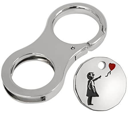 Coin Clip Key Ring Trolley Token Metal Holder Keyring For New and Old £1 Coins, €1. With Banksy Girl with Balloon trolley Tokens