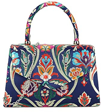 LeahWard Women's Faux Suede Clutch Bag Party Wedding Top Handle Handbag Purse Gift (Navy Floral)