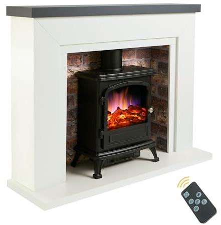 Endeavour Fires Farlington Cheminée Électrique 48 | avec Poêle à Bois Noir, Effet Flamme Réaliste, Cheminée Décorative, Technologie LED à Basse Consommation | Dessus Gris/Brique Rustique
