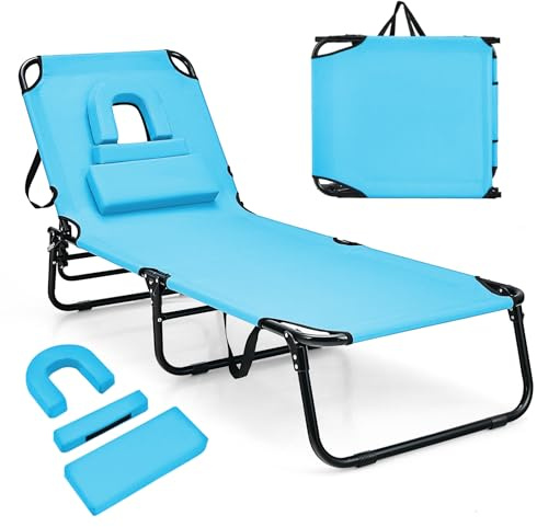 LIFEZEAL Vikbar solstol med 5 positioner, solbad med ansiktshål, belastning 160 kg, utomhus trädgård solstol oxfordtyg 3 avtagbara kuddar, 194 x 63 x 37 cm