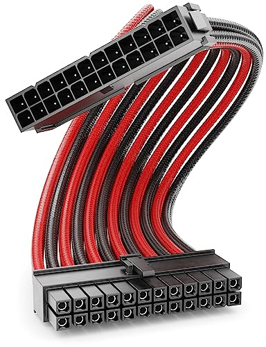 deleyCON 24-Pin ATX Netzteil Kabel Verlängerung 30cm 18 AWG - Schwarz Rot | Kurzes 30cm, PSU Mainboard PC Computer Netzteil, Nylon Stromkabel, Stromversorgung, Stecker auf Buchse