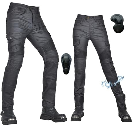 Pantalon Moto Hombre/Mujer, Revestimiento Impermeable-Pantalon Vaquero Moto con Protecciones, Invierno/Verano-Pantalones Moto Elásticos (Negro-B,XL)