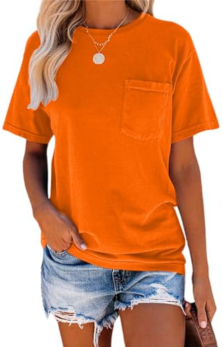 T Shirts for Women Short Sleeve Crew Neck Basic Summer Tee Tops with Pocket Casual Loose Fitting Blouse