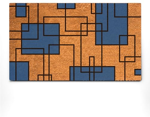 PLUS Haven Coco Coir Door Mat with Heavy Duty Backing, Natural Welcome Blue Geometric Doormat, 17.5”x 30” for Entrance, Front Porch, Easy to Clean Entry Mat, Outdoor and Indoor Uses