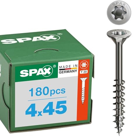 SPAX Edelstahlschraube A2 4 x 45 mm, 180 St. - Senkkopf T20, Teilgewinde | Rostfreie Holzbauschrauben mit Teilgewinde und 4CUT-Spitze fuer den Aussenbereich, ideal fuer Garten und Feuchtraeume.