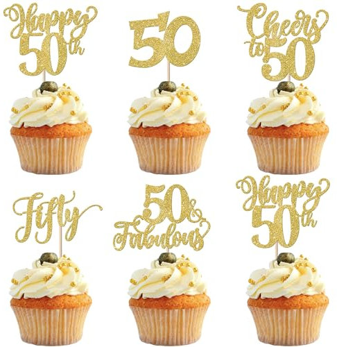 SYKYCTCY 30 Pack Happy 50th Birthday Cupcake Toppers Glitter Fifty Fabulous 50 Cheers to 50 Cupcake Picks Happy 50th Birthday Cupcake Decorations for Happy Birthday Anniversary Party Supplies Gold