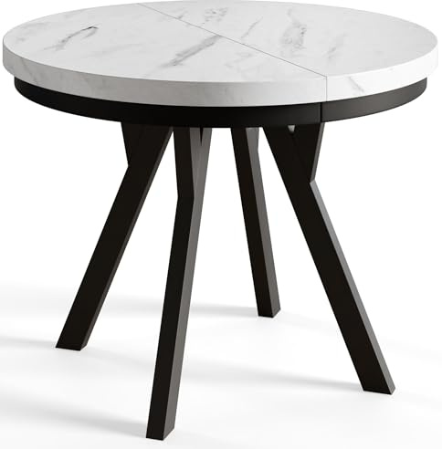 AlpiMeble Esstisch Ausziehbar Evo, Stabile Konstruktion, 100-200cm, Marmur | Runder Tish, Moderner Wohnzimmertisch und Küchentisch, Schwarze Beine