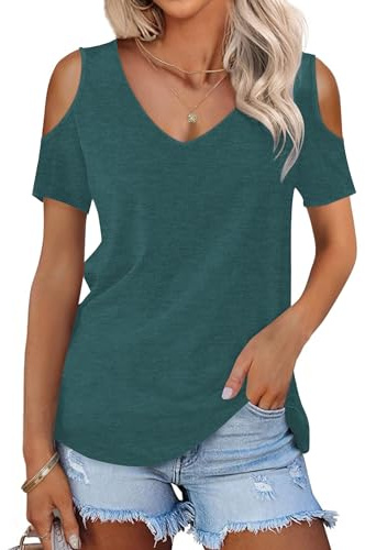 WNEEDU Camisetas Manga Corta Mujer Verano Blusas Cuello V Elegante T-Shirt | Cold shoulder top, basicas, casual