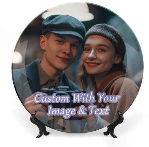 Eclatixor Assiette décorative en céramique personnalisée avec photo et texte imprimés, assiette décorative en céramique personnalisée pour suspension murale ou décoration de table, parfaite pour