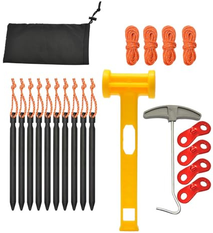 Sécurisez votre tente avec 10 piquets en aluminium, 4 haubans en nylon, 1 marteau d'accessoires de camping pour une utilisation en extérieur