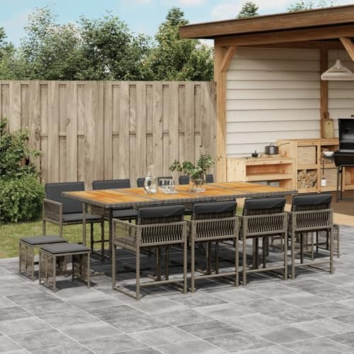 Homgoday 13-TLG. Garten-Essgruppe mit Kissen Gartenmöbel Set Balkonmöbel Sitzgruppe Stühle mit Tisch, Terrassenmöbel Gartenstuhl Gartentisch, Gartengarnitur Grau Poly Rattan
