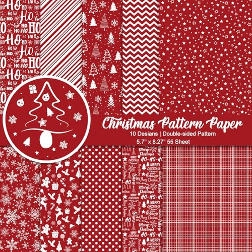 Morcheiong 55 Blatt Frohe Weihnachten Musterpapier Set, Dekoratives Papier für Die Kartengestaltung, Scrapbook, Fotoalbum, Dekor, 10 Designs (Rot, 5,7 x 8,27 Zoll)