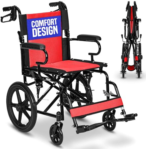 Lightweight Folding Wheelchair - Travel Friendly Foldable Transit Wheel Chair - Adjustable Footrests, Lock Lever Brakes, Dual Parking Brakes - Red, Standard 18 Seat