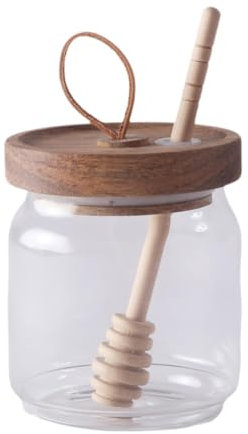 SiaBiced Modern Glass Honey Pot Set with Dipper And Lid, Acacia Lid