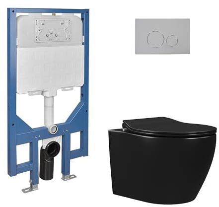 Schwarzes Wand WC Toilette Set mit Vorwandelement Geräuscharm Spülrandlos Hänge Toiletten mit Absenkautomatik, Geräuscharm Sitz, Glatte Keramik, 51,5cm D-Form Wand WC für Gästebadmit Vorwandelement