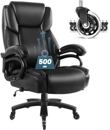 Big and Tall Office Chair 500lbs, Heavy Duty Executive Office Leather Chair for Heavy People, High Back Ergonomic Office Chair with Lumbar Support & Quiet Rubber Wheels, Extra Padded Seat, Black