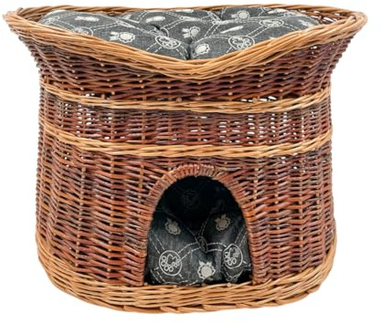 Panier pour chat pour dormir - Niche d'intérieur pour chat - Taille XL : 70 cm ovale - Niche pour chat en osier - Chiens à deux étages - Lit pour chat avec coussin lavable gris foncé - Panier laqué