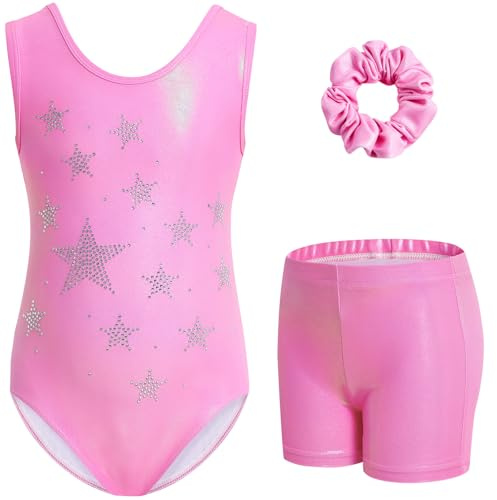 Gogokids Tredelade gymnastiktrikåer för flickor, ärmlösa, set med shorts och hårband, glittrande balettdansdräkter, gymnastikdräkt med tonad färgdesign, för 3–12 år, 120(110-120 cm,6-7Y)