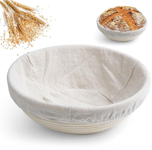 KUWUNG Banneton Proofing Basket, 10 Inch Round Bread Proofing Basket with Cloth Liner, Natural Rattan Sourdough Proving Baskets 25 x 8.5 cm, For Baking Enthusiasts and Beginners