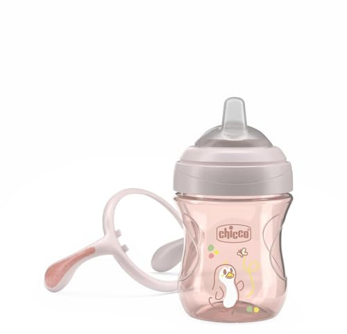 Chicco Transition Cup Coupe anti-goutte pour bébé 200ml, 1 tasse à biberon 4 mois et plus pour apprendre à boire, avec bec ergonomique en silicone, double valve anti-antiolique, sans BPA - Rose