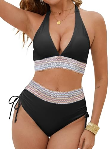 Yutdeng Bikini för kvinnor sexig triangel bikini för kvinnor set push-up bikinis för kvinnor v-ringad tvådelad baddräkt magkontroll hög midja baddräkter nackhållare badkläder färgblock baddräkt