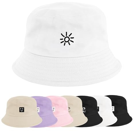 Xnova Fischerhut Bucket Hat Damen Herren Bunt, Druck Mütze Strand-Sonnenhut Anglerhut Sonnenschutz Baumwoll Sommerhut Fischerhüte Freizeithut Unisex Outdoor Hüte (Sonne-Weiß, 56-58cm)